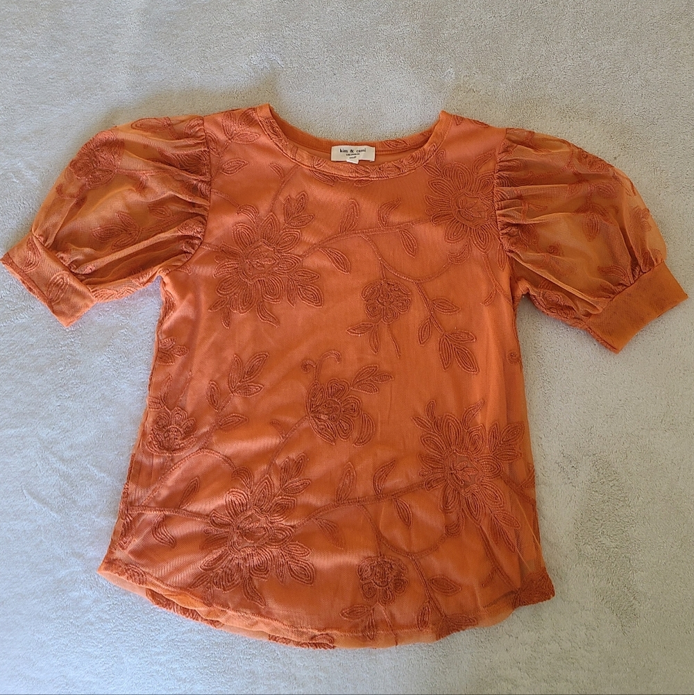 Kim & Cami Orange Floral Embroidered Sheer Puff Sleeve Top Size S